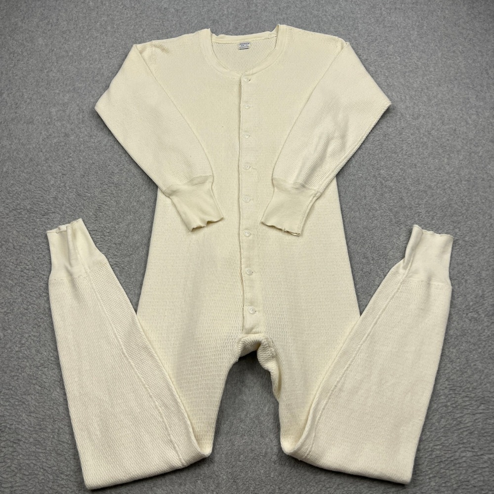 VTG Sears Long Johns Suit Mens 42 Cream Waffle Knit Button Thermal One Piece PJs